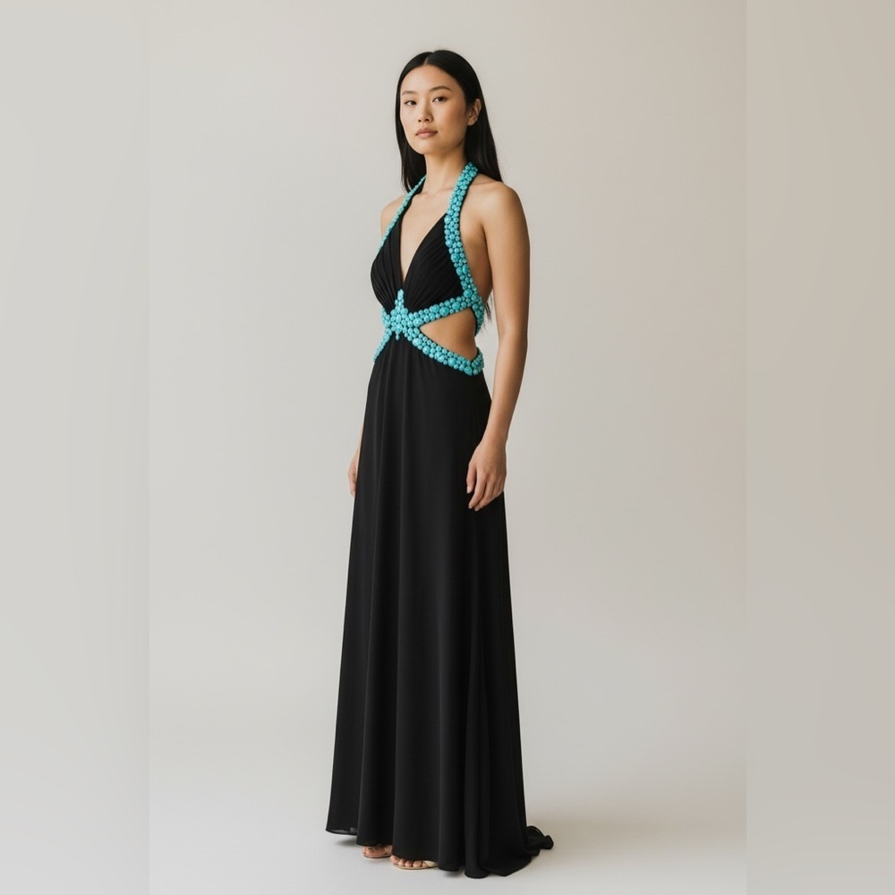 Camille La Vie Size 4 Black Turquoise Beaded Cutout Halter Prom Dress Gown Y2K